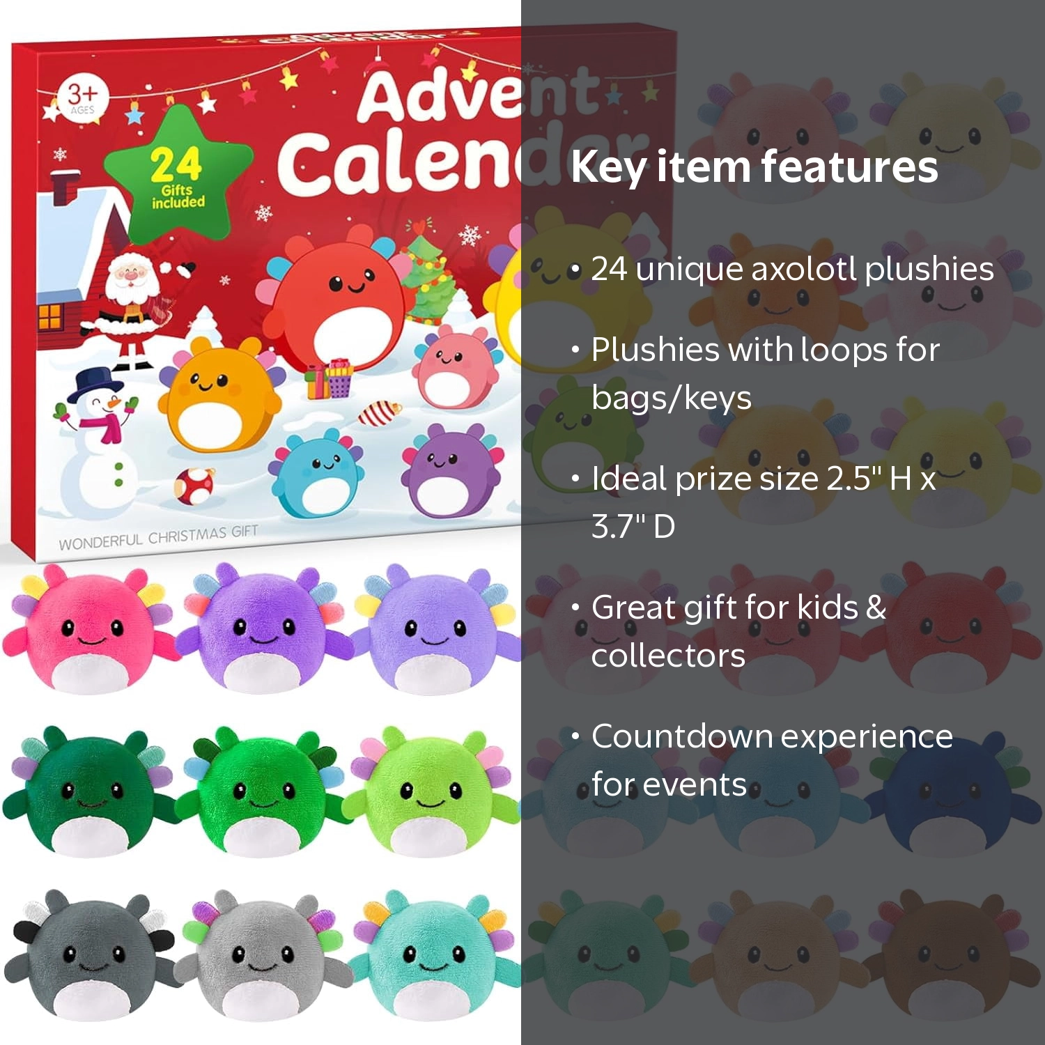 Advent Calendar with 24 Mini Axolotl Plush Toys - Christmas