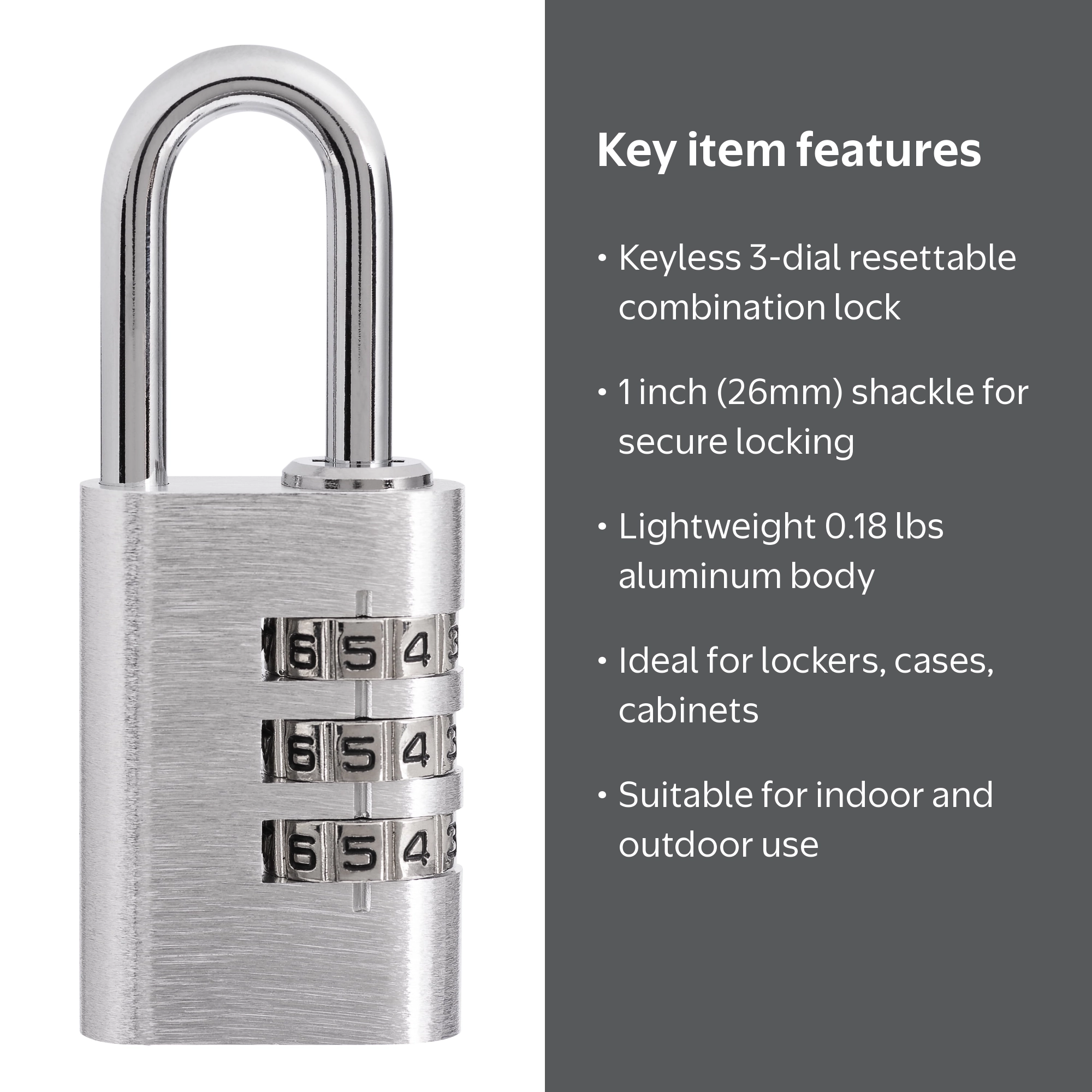 Brinks Resettable 3-Dial Combination Padlock, 28mm Aluminum Body