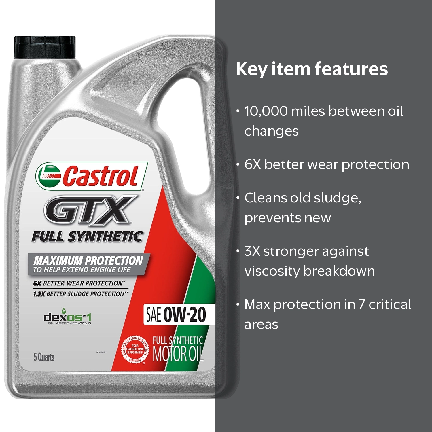 Castrol GTX Full Synthetic 0W-20 Motor Oil, 5 Quarts - Walmart.com
