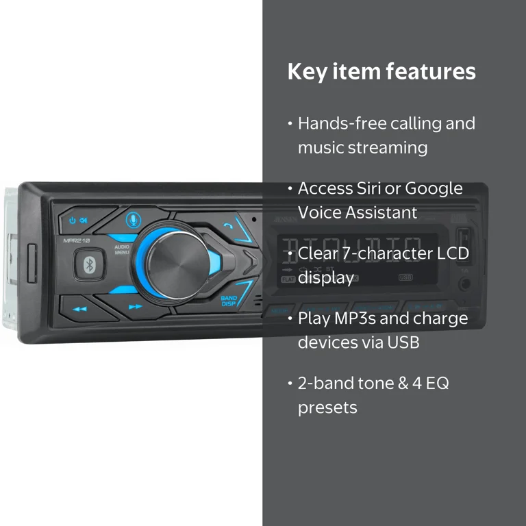 Jensen, Single DIN Car Stereo, Bluetooth, USB, AM FM, Push to Talk