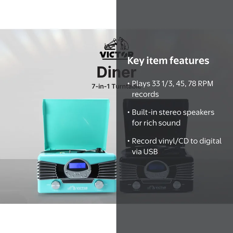 Victor Diner 7-in-1 Turntable Music Center - Vinyl Records Play