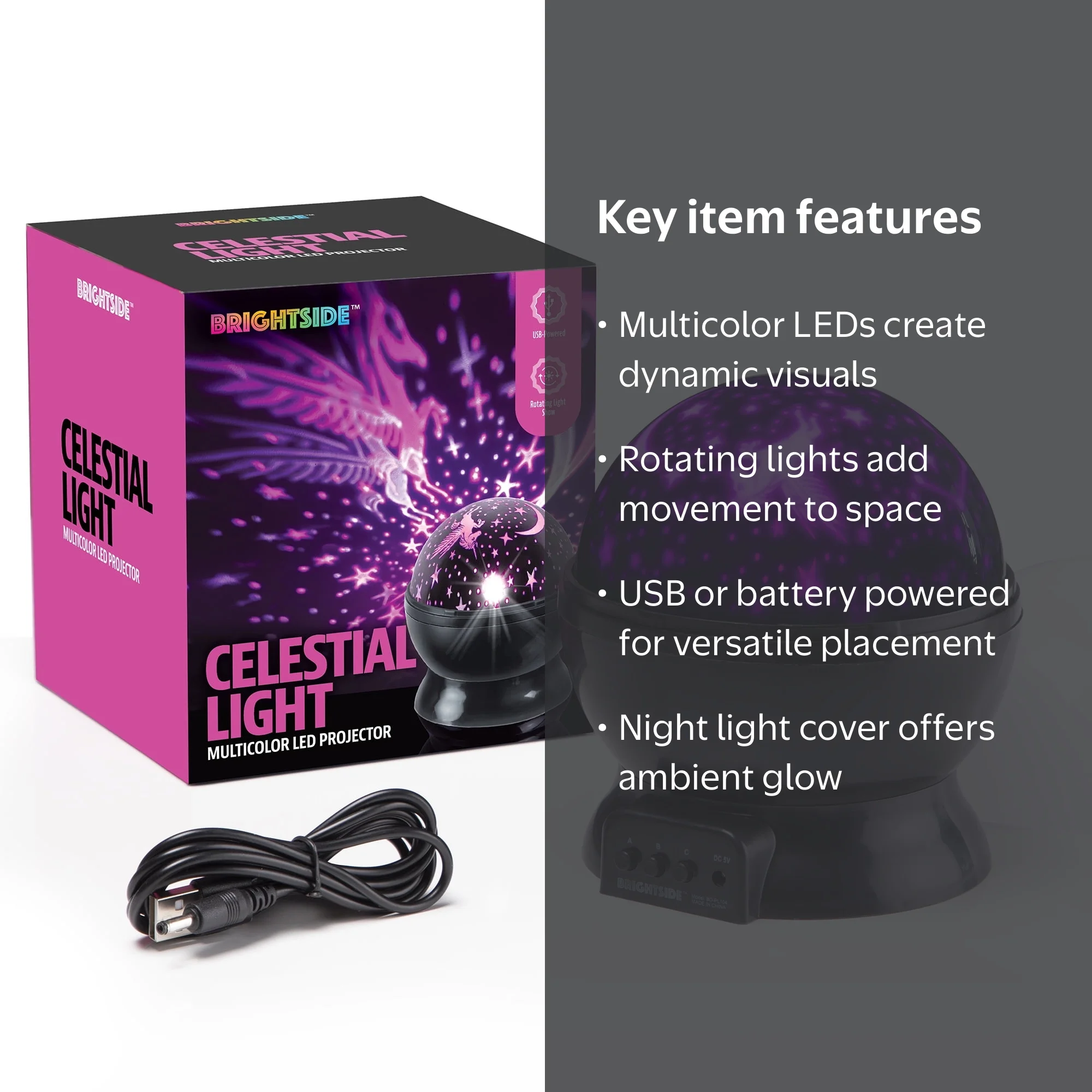 Brightside Celestial LED Projector, Multicolor Rotating Light, USB