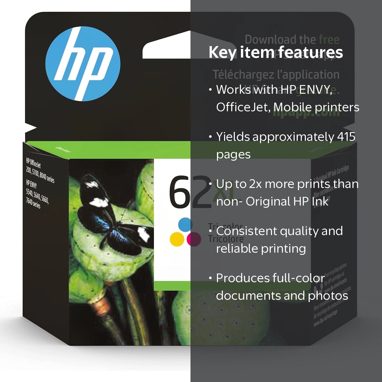 HP 62XL Tri-color High-yield Ink, 415 Pages, Compatible with HP
