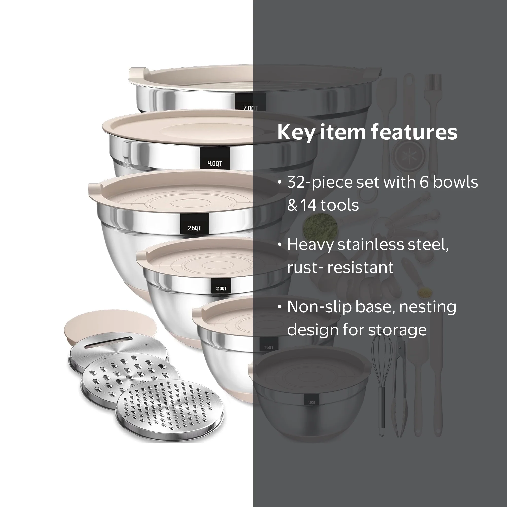 AOKIWO Stainless Steel Mixing Bowls Set with Airtight Lids, 6