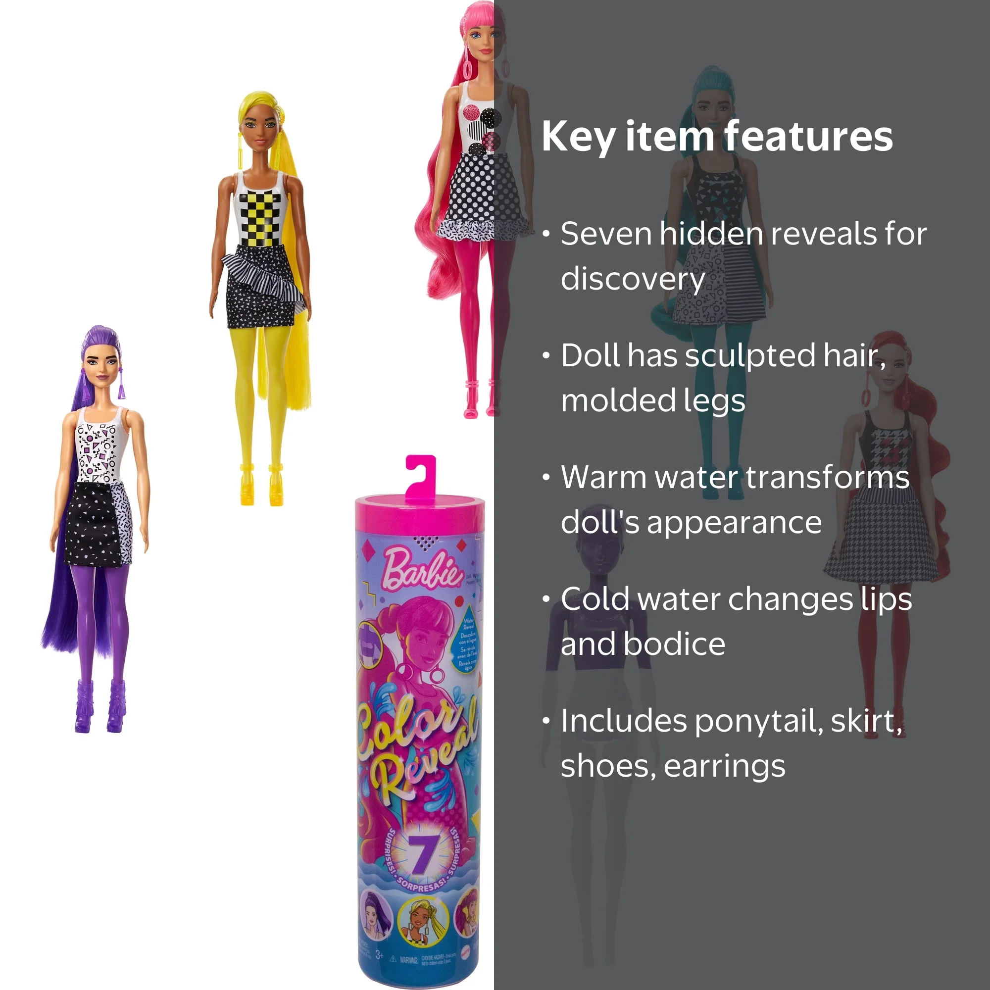 Barbie, Color Reveal Doll with 7 Surprises, Bright Color-Block