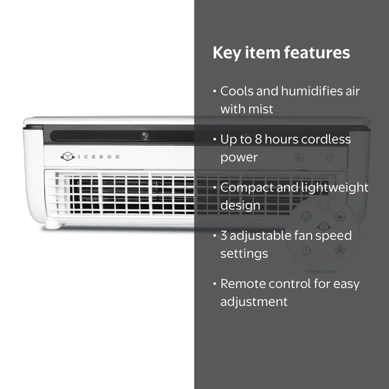 Icebox, Cooling Mist Fan, Portable with 8-Hour Run Time, 3 Speeds