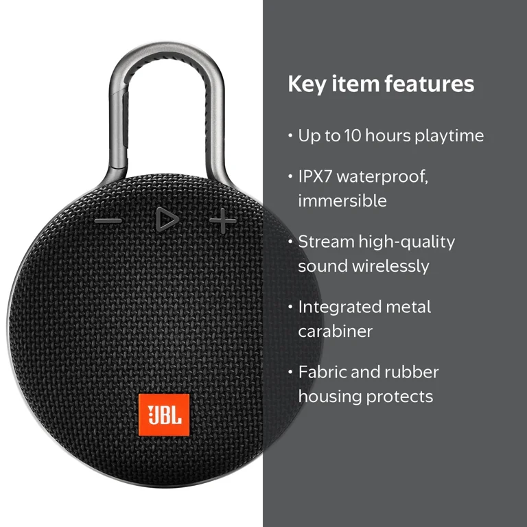 JBL Clip 3 Black Bluetooth Speaker, Portable, Waterproof, 10-Hour