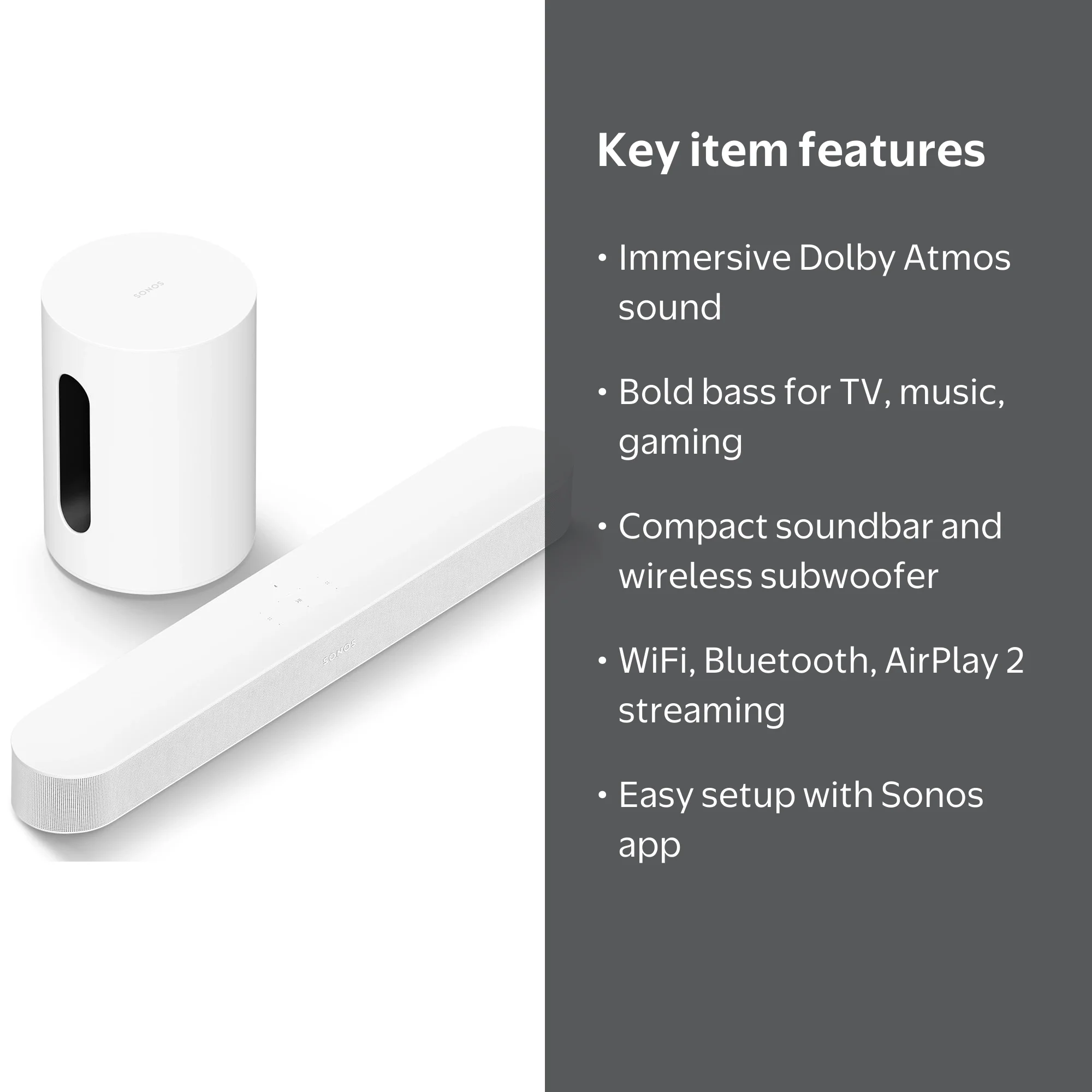 Sonos Beam Gen 2 White Soundbar & Sub Mini Wireless Subwoofer - TV