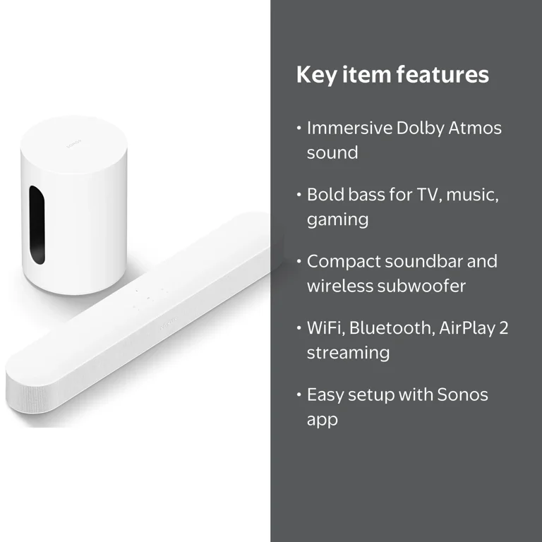 Sonos Beam Gen 2 White Soundbar & Sub Mini Wireless Subwoofer - TV