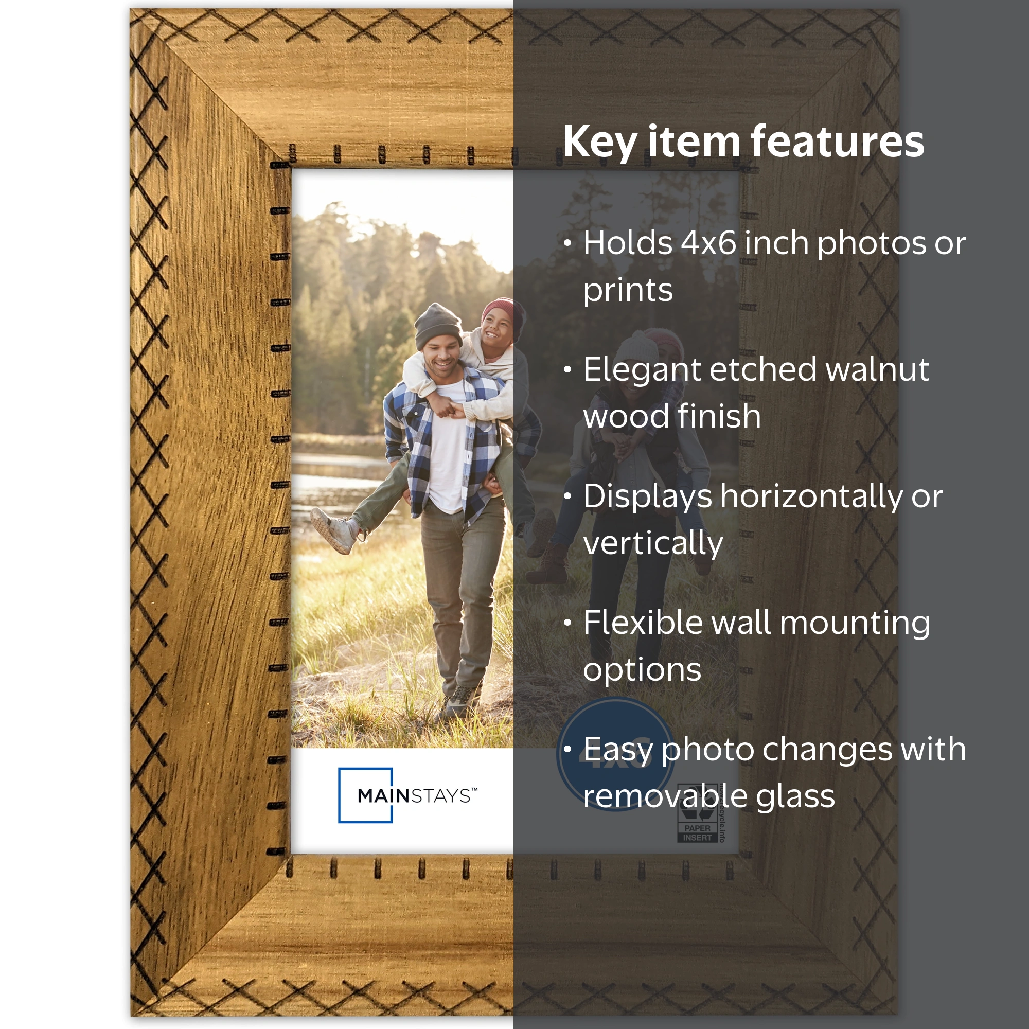 Mainstays 4x6 Etched Wood Photo Frame, Acacia Carved Wall Mount or