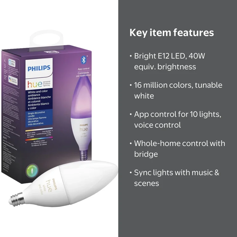 Philips Hue White and Color Ambiance E12 Bulb, 60 Watts, Bluetooth