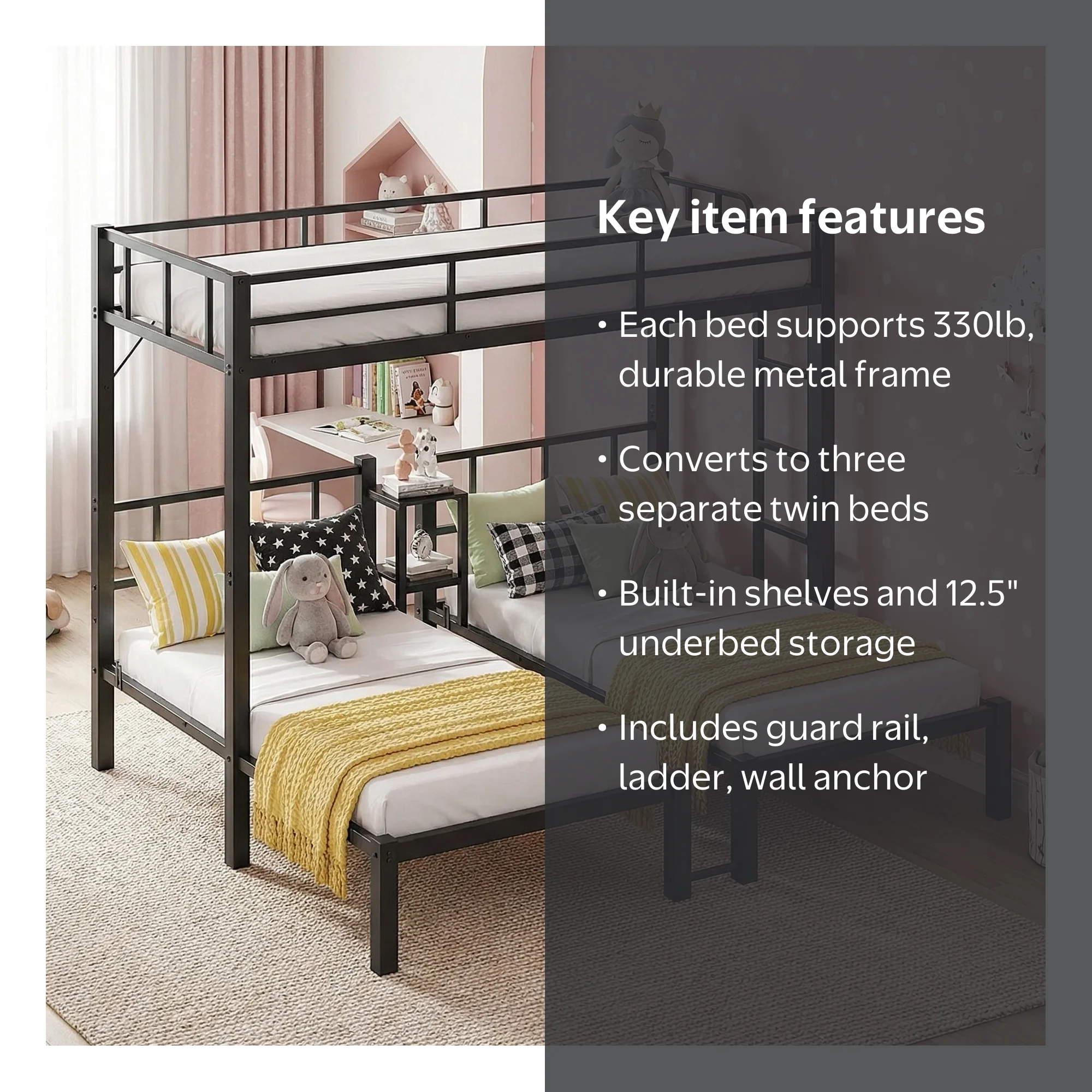 Ktaxon Metal Twin Triple Bunk Bed, Twin over Twin over Twin XL Bed