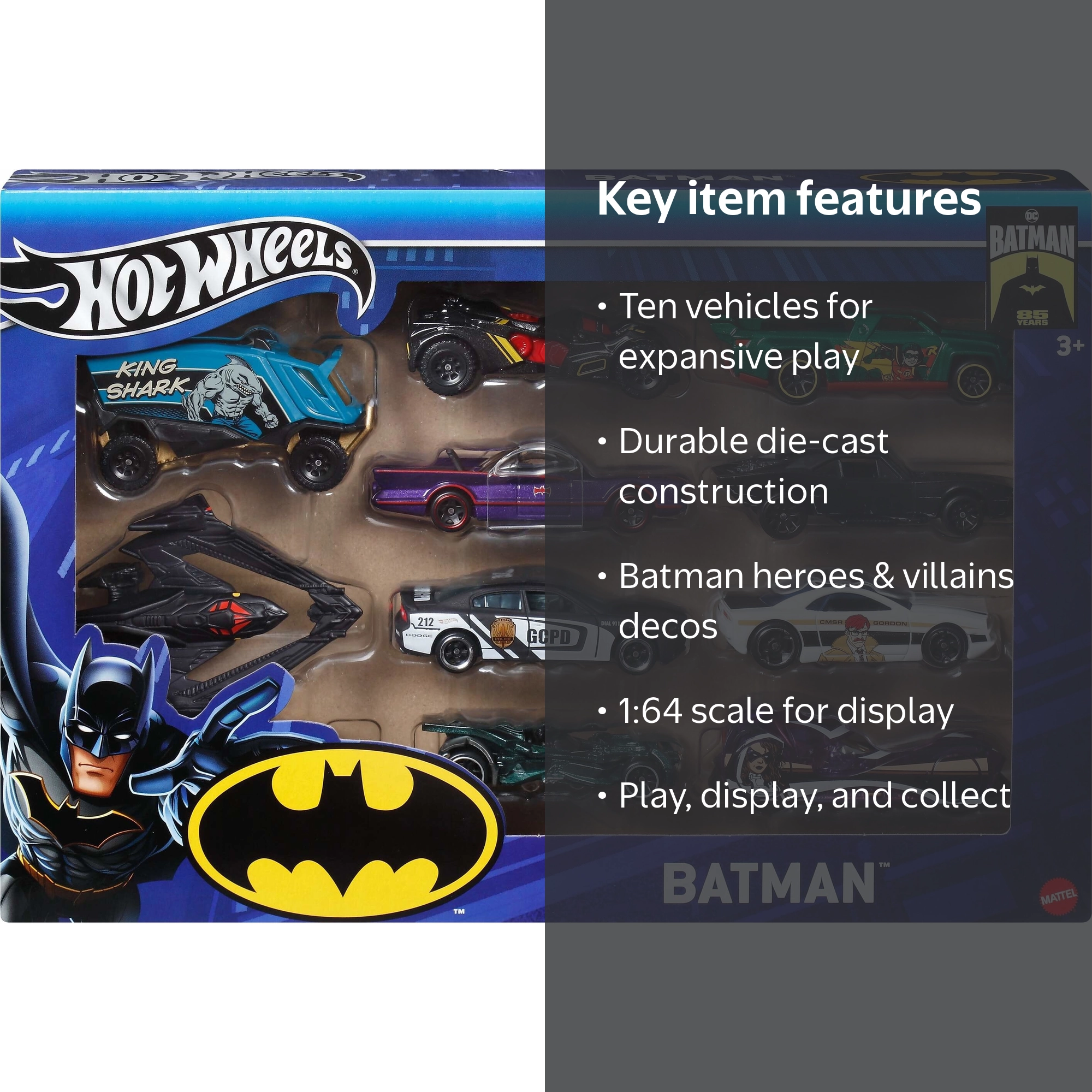 Hot Wheels 1:64 Scale Batman-Themed Toy Vehicles, Set of 10