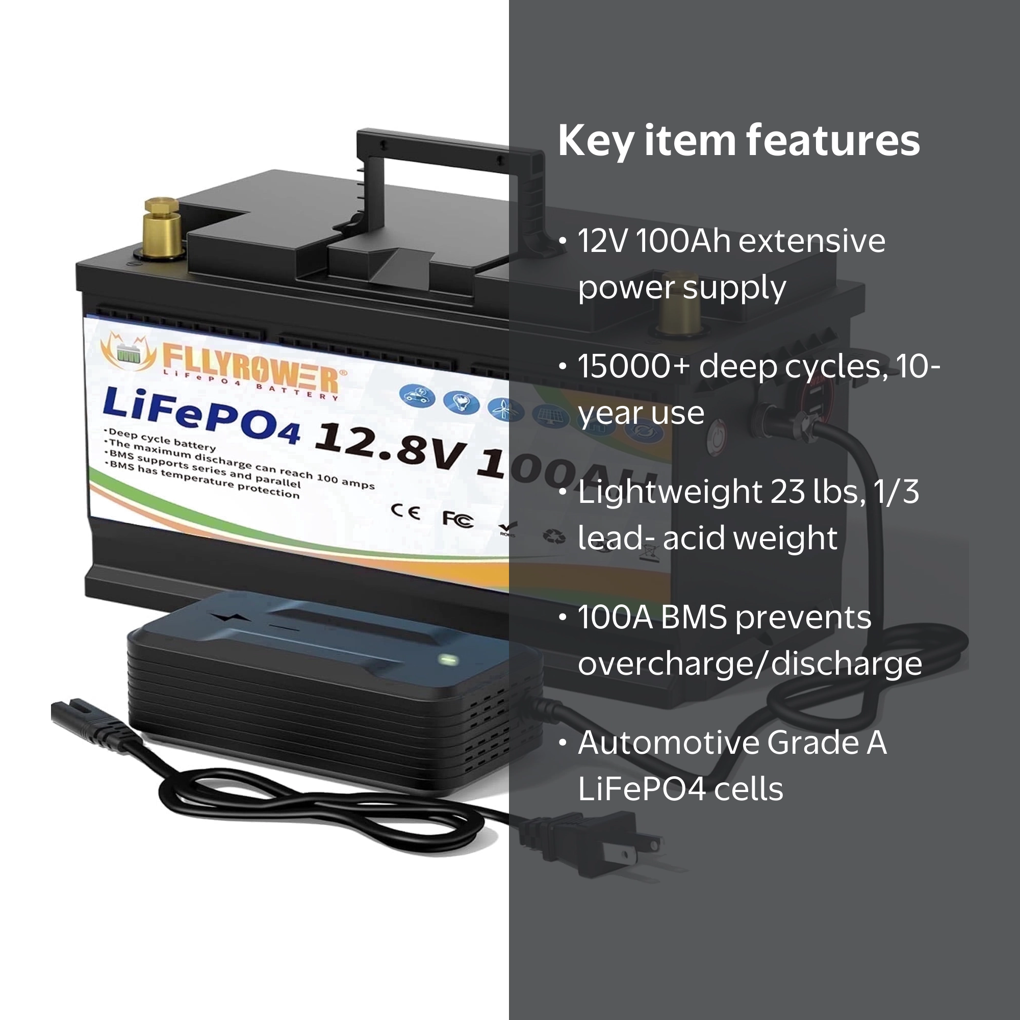 FLLYROWER 12V 100Ah LiFePO4 Lithium Battery, Free Charger, 100A