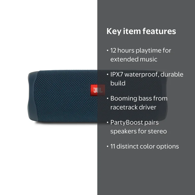 JBL Flip 5 Portable Waterproof Speaker, M, Blue with 12 Hours