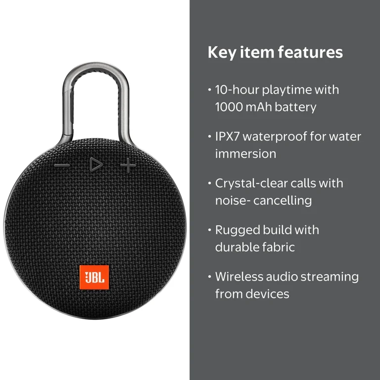 JBL Clip 3 Black Bluetooth Speaker, Portable, Waterproof, 10-Hour