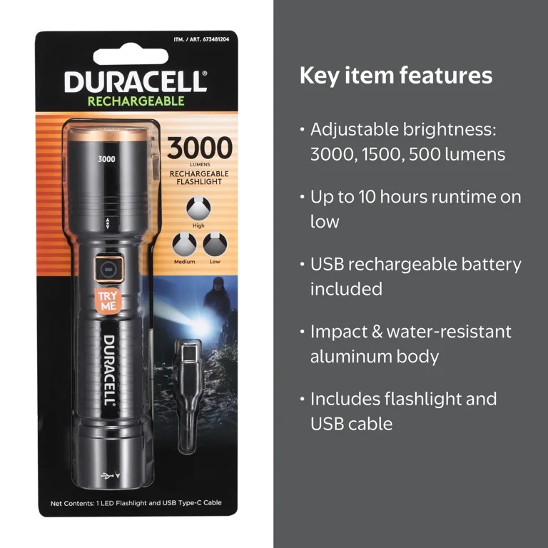 best rechargeable flashlight under 30 LESHEN L21 Super Bright (Black-3) Measuring in at 9.8 x 2 x 2 and weighing in at 16.22oz Duracell 3000 Lumen Rechargeable LED