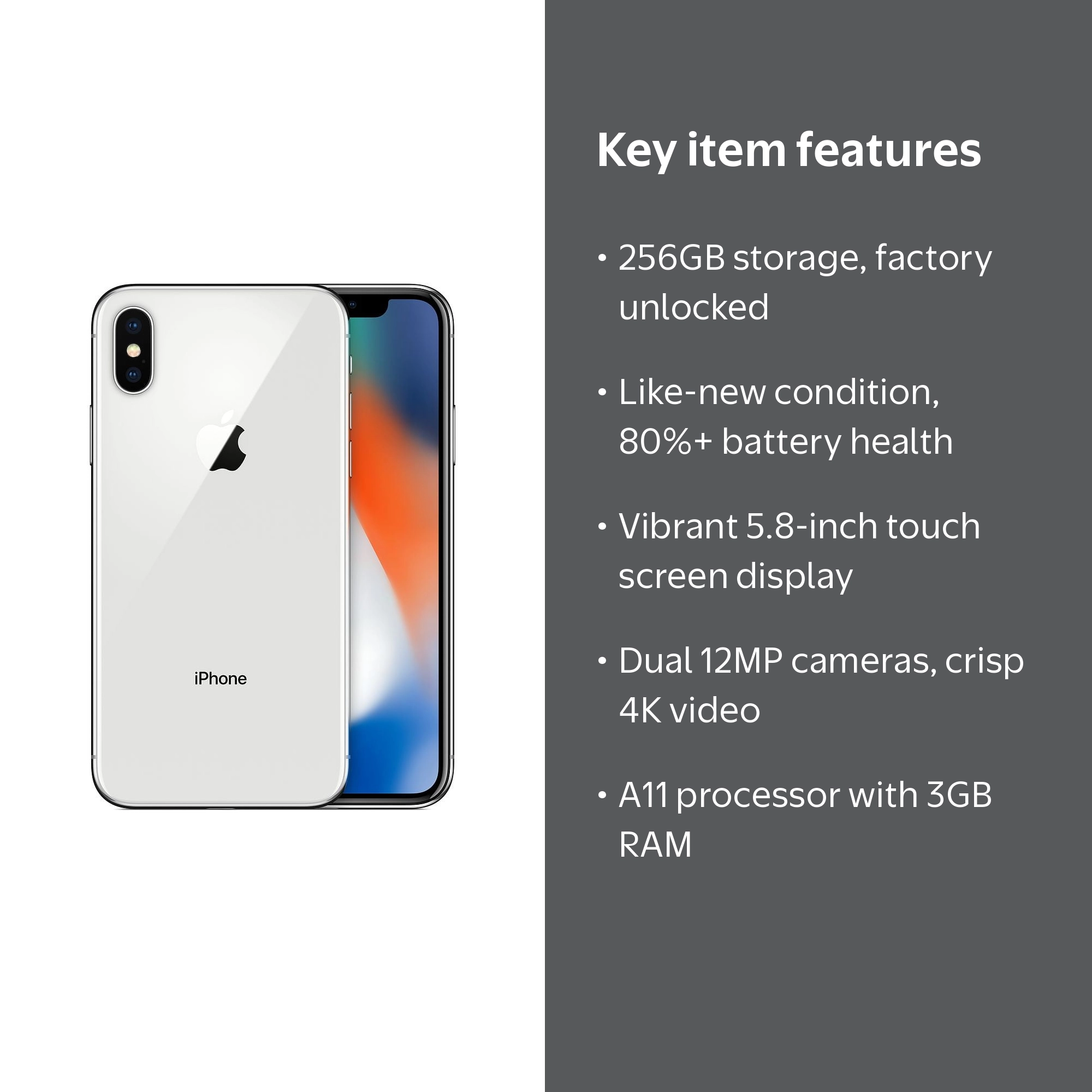 Restored Apple iPhone X - Unlocked - 256GB Silver (Refurbished