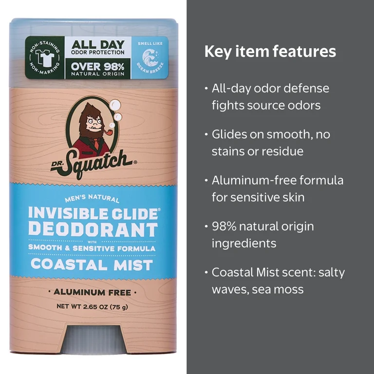 Dr. Squatch Mens Invisible Glide Deodorant Stick, Natural Aluminum