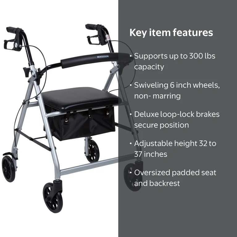 McKesson Rollator Walker with Seat and Wheels - Silver, 300 lbs