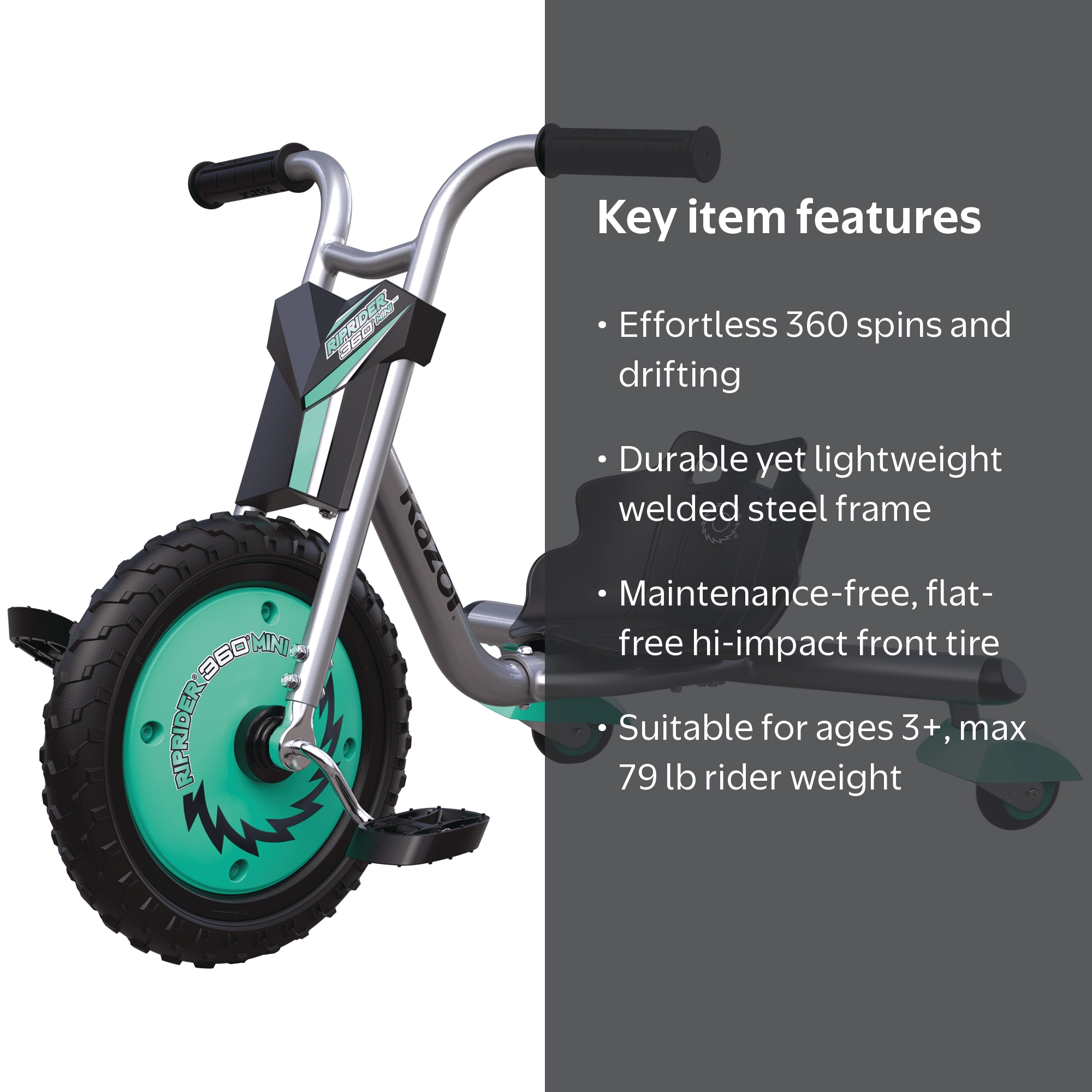 Razor RipRider 360 Mini - Teal, 360 Degrees Caster Tricycle, Easy