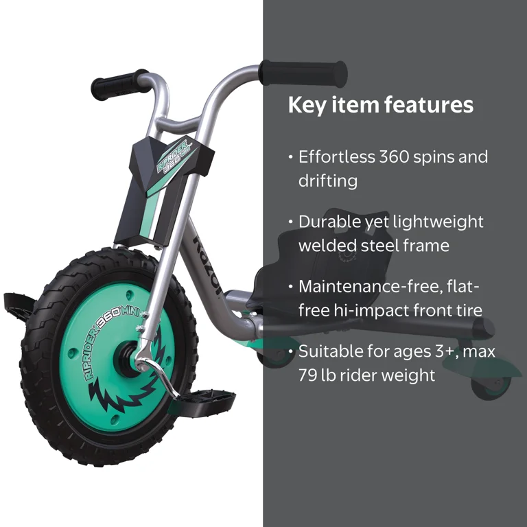 Razor RipRider 360 Mini - Teal, 360 Degrees Caster Tricycle, Easy