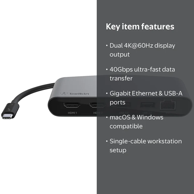 Belkin USB-C Dock - Thunderbolt 3, Dual 4K, 40Gbps, Ethernet, For