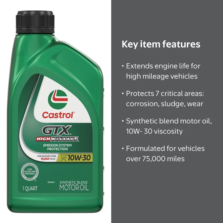 Castrol, GTX High Mileage 10W-30 Synthetic Blend Motor Oil, 1qt