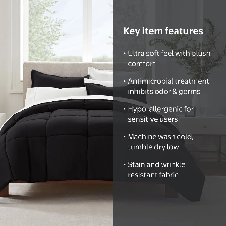 さりー Serta Simply 2-Piece Clean Antimicrobial Black Comforter Set, Twin