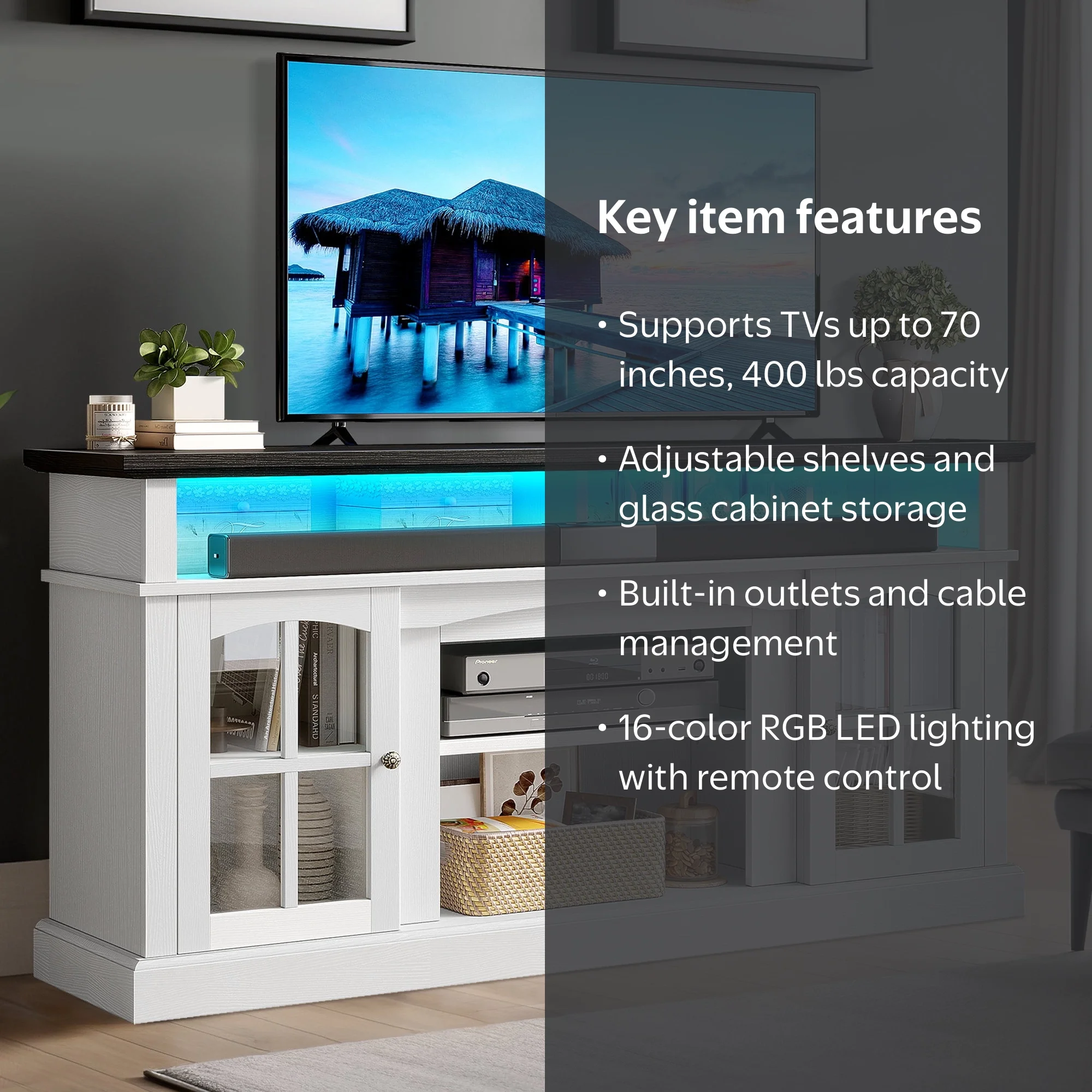 Dextrus Farmhouse LED TV Stand w/Outlets for TVs up to 70'', Wood