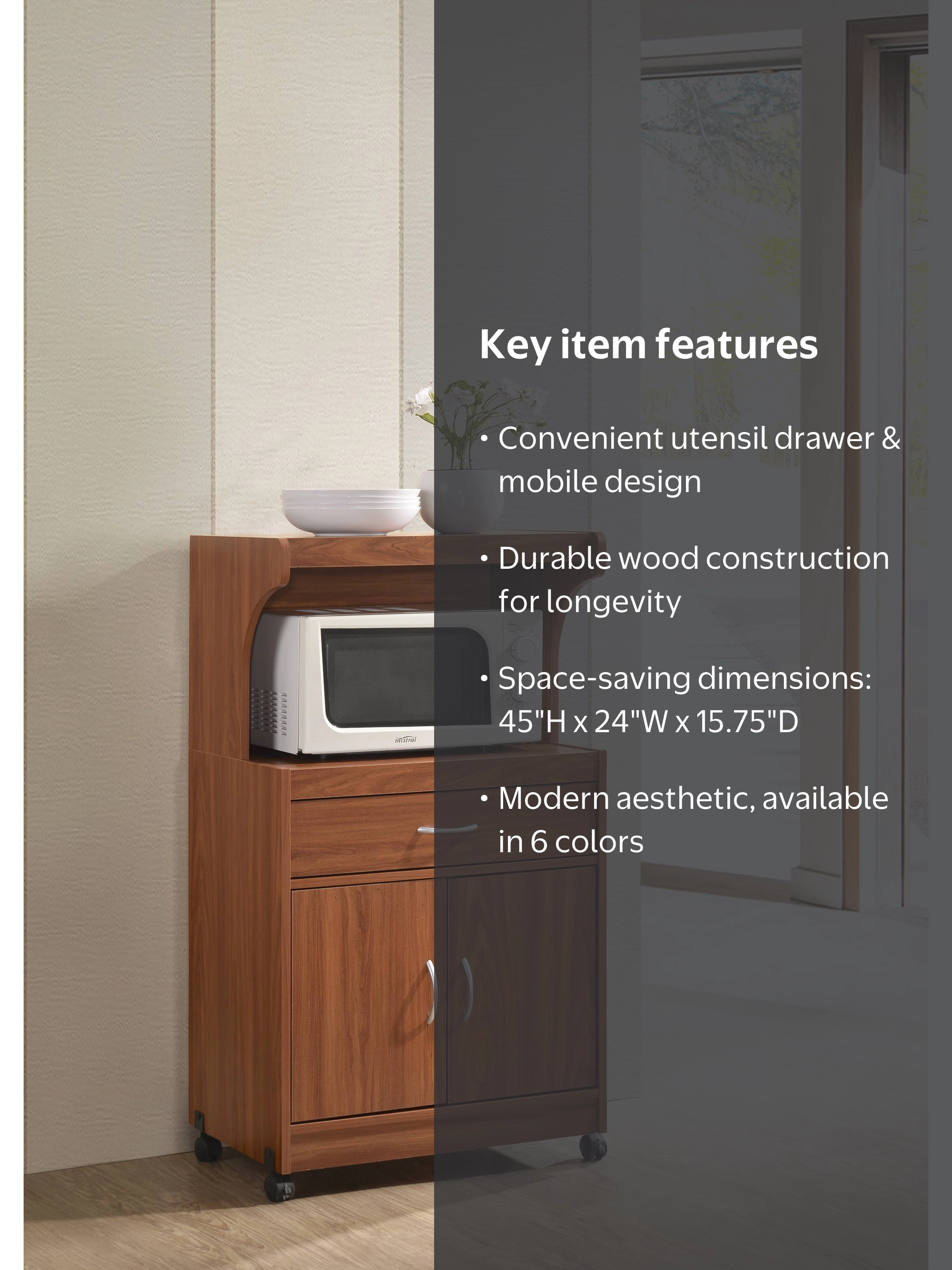 Hodedah, Microwave Kitchen Cart, Cherry Finish, 45 in. H x 24 in