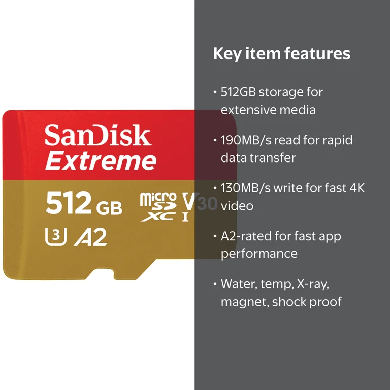 読込190MB/s SanDisk Extreme microSD 512GB SanDisk, microSDXC Memory Card, 512GB, UHS-I, 190MBps - Walmart.com