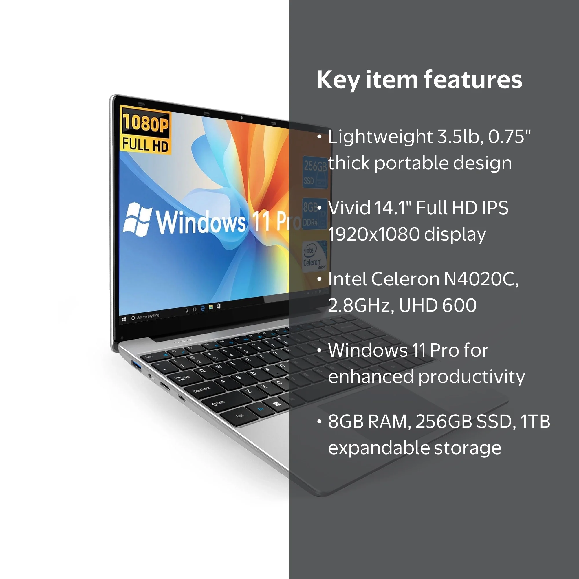 Temlicolo 14.1in Laptop, Windows 11 Pro, 8GB DDR4, 256GB SSD