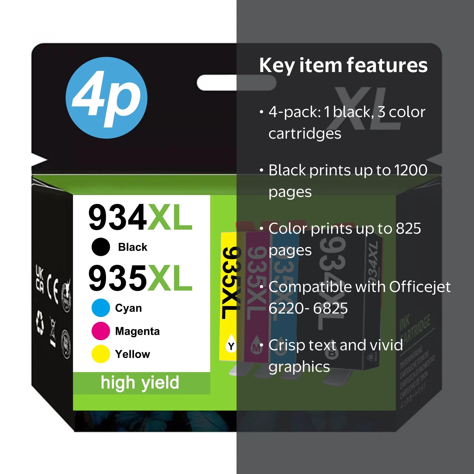 Halofox 934XL 935XL Ink Cartridge, Black, Cyan, Magenta, Yellow