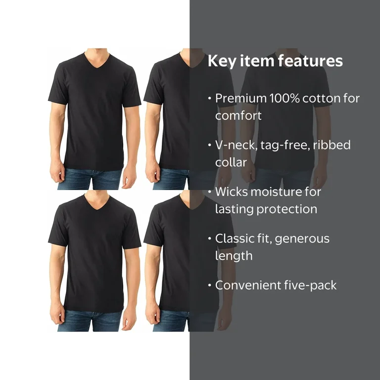 Fruit of the Loom, Men's V-Neck T-Shirt, 5-Pack, Black Medium