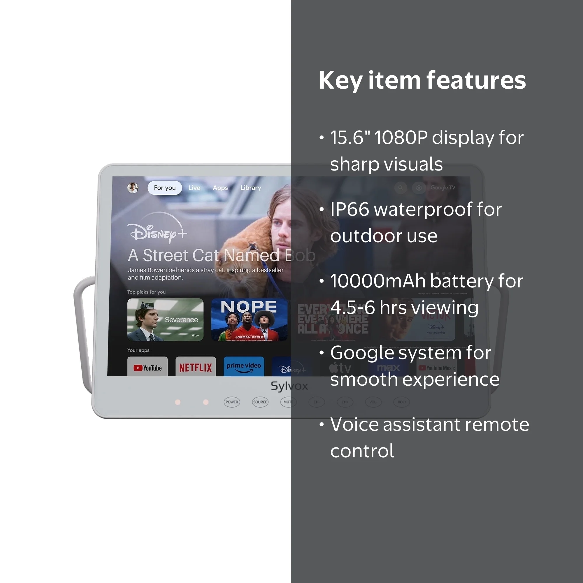 SYLVOX 15.6'' Portable Smart TV, IP66 Waterproof, 1080P Ultra
