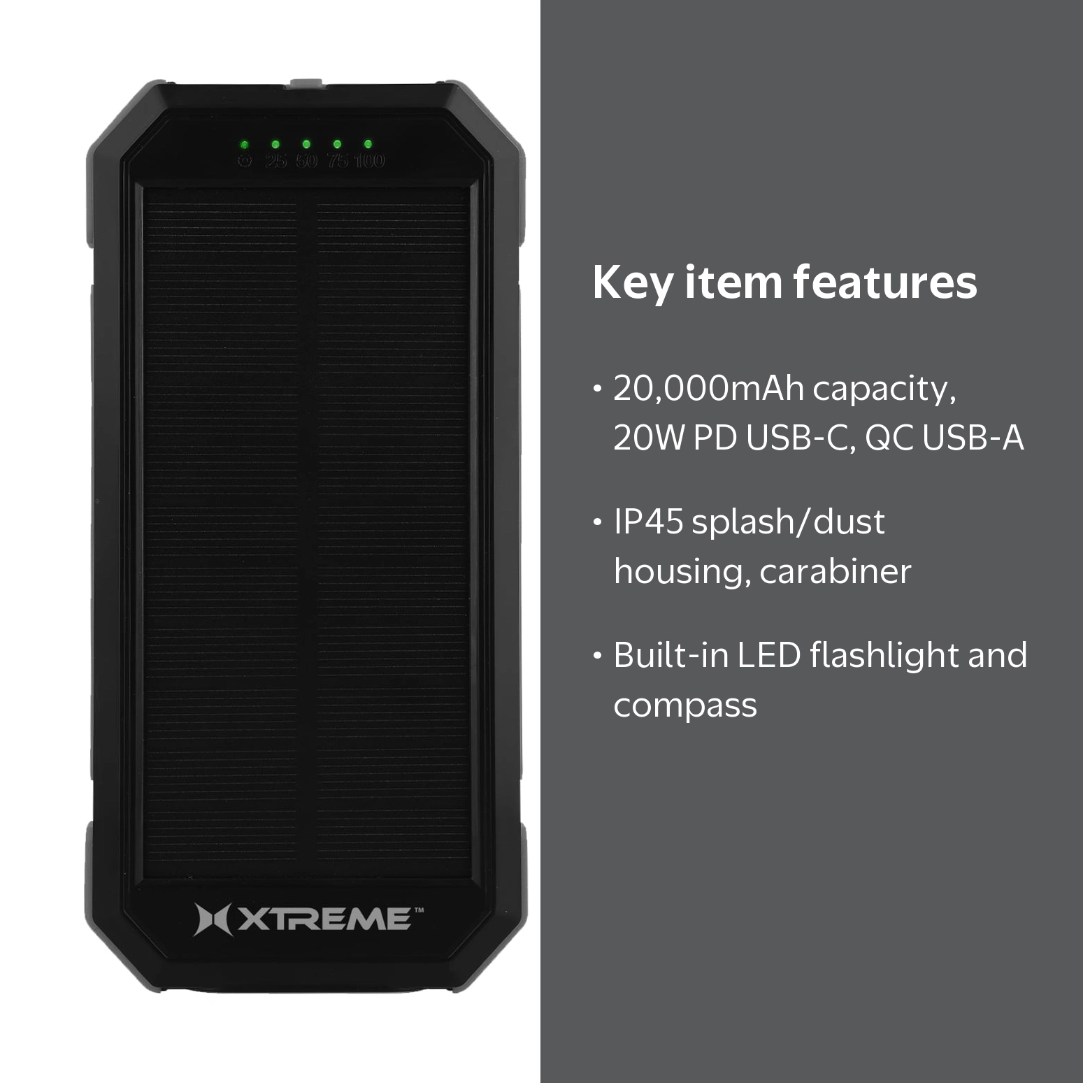 Xtreme 20000mAh Solar Power Bank Portable Charger, Fast Charging