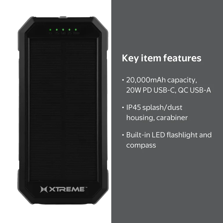 Xtreme 20000mAh Solar Power Bank Portable Charger, Fast Charging