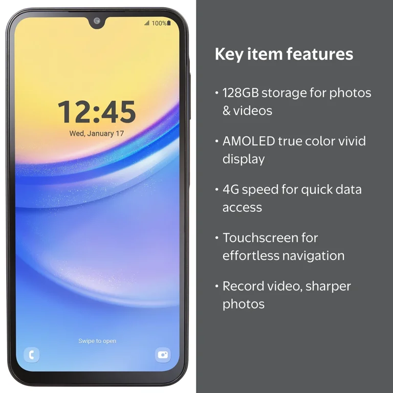 Samsung スマートフォン 4000mAh Samsung, Prepaid Smartphone, A15 4G, 128GB Black, True Color