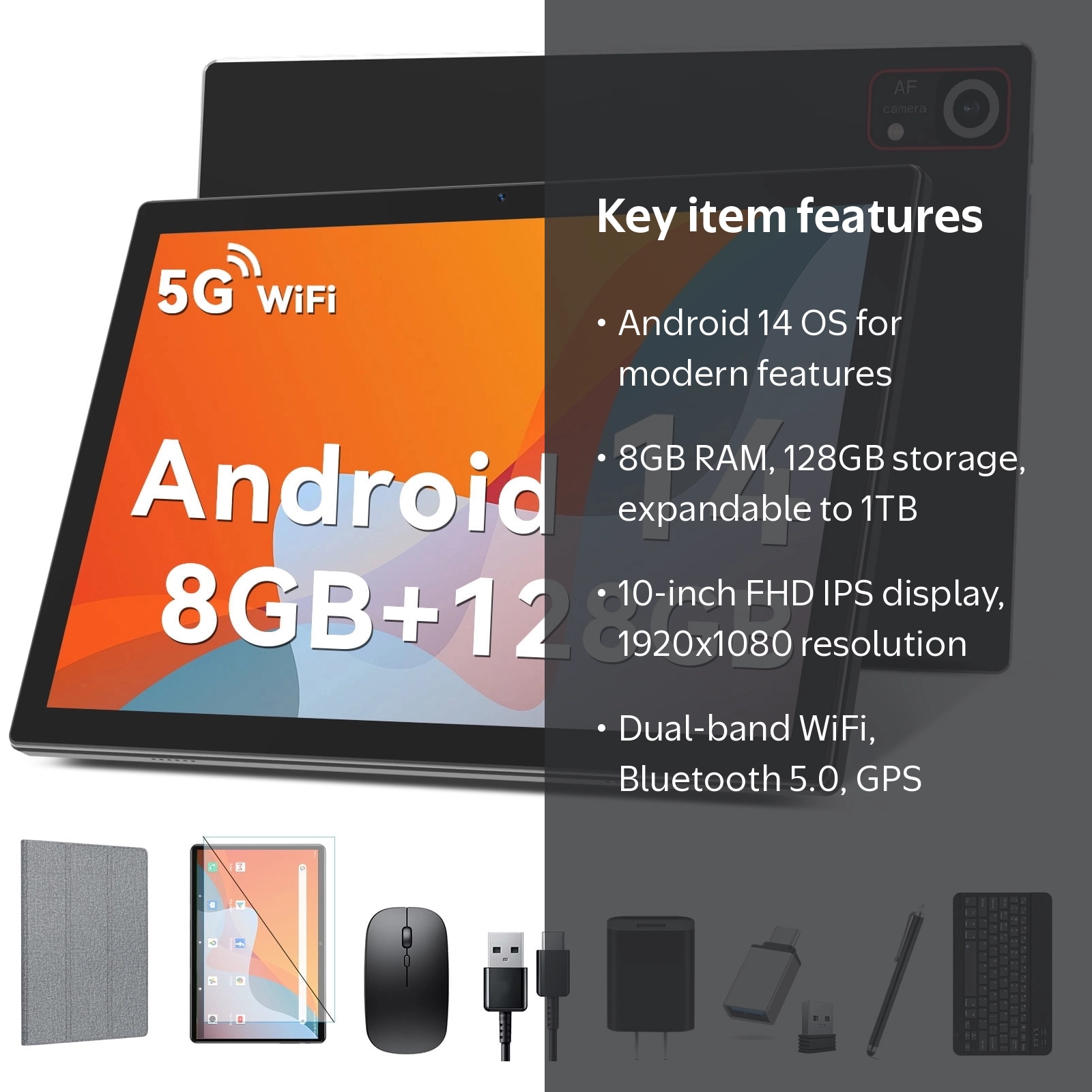 PAD 5タブレット Android 14 8GB 128GB Android 14 Tablet 8GB RAM 128GB ROM, 10.1in 5G Wifi Tablet with