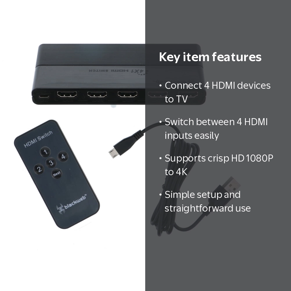 Blackweb 4-Device HDMI Switch with Remote Control, Connect 4