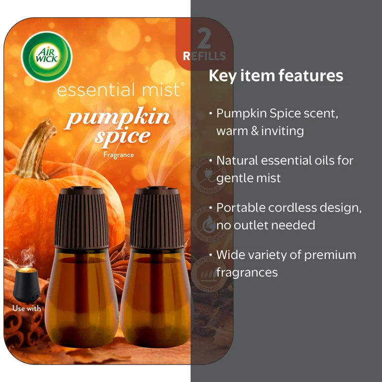 Air Wick Essential Mist Fall Scented Oil Cordless Diffuser Refills, Pumpkin Spice, 2 Count