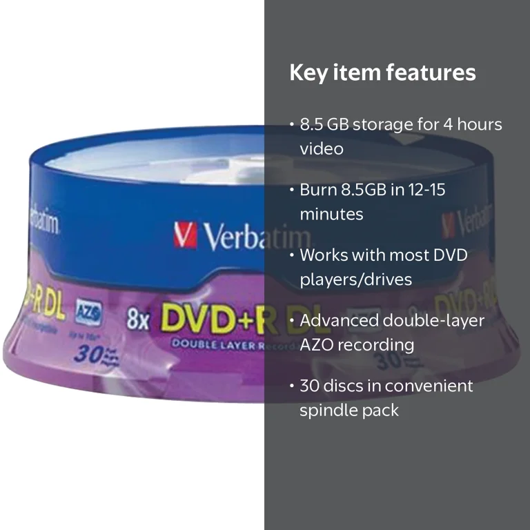 Verbatim, DVD R, 8.5 GB 8X Dual-Layer DVD+R Discs Spindle
