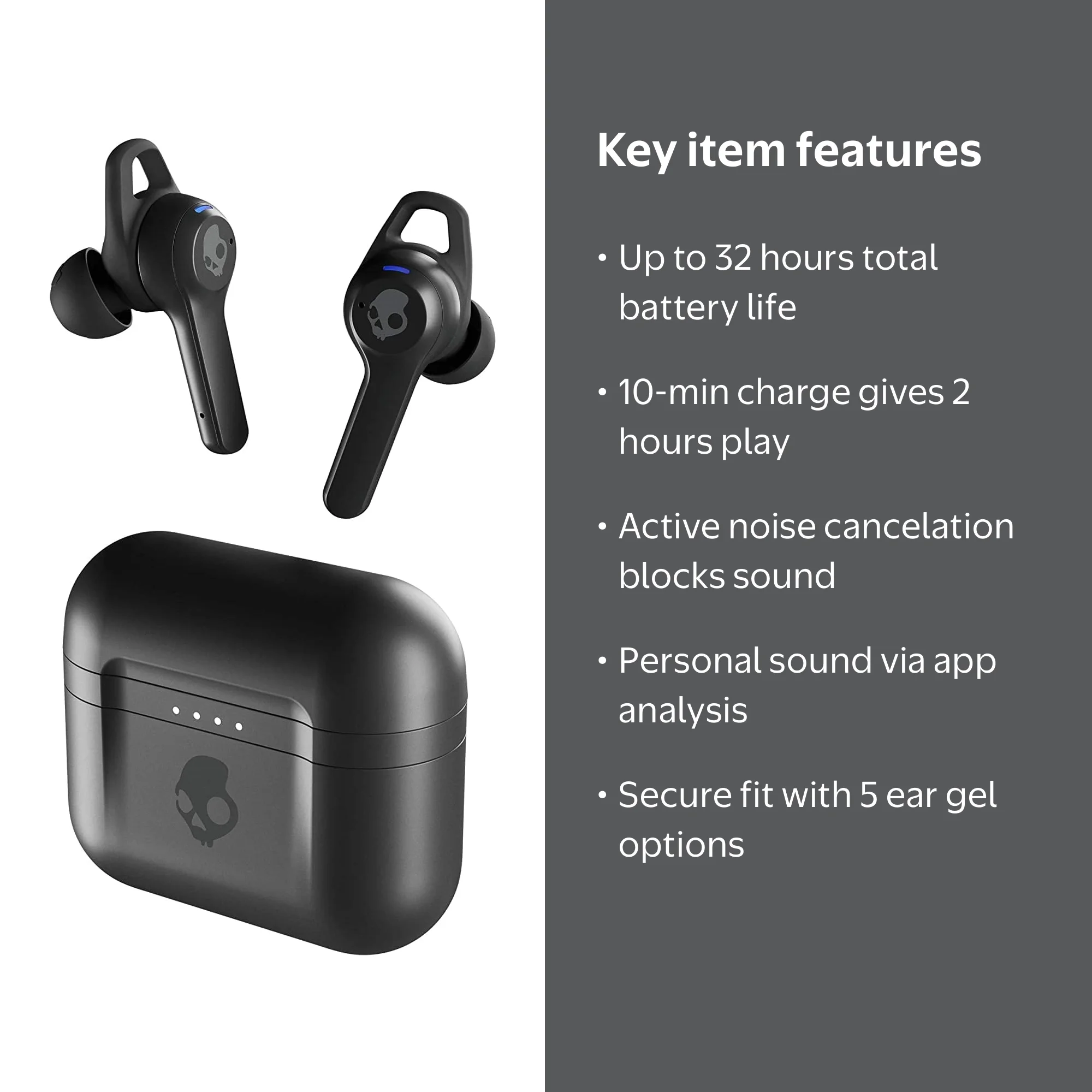 Skullcandy Indy ANC True Wireless In-Ear Earbuds, Black, Active