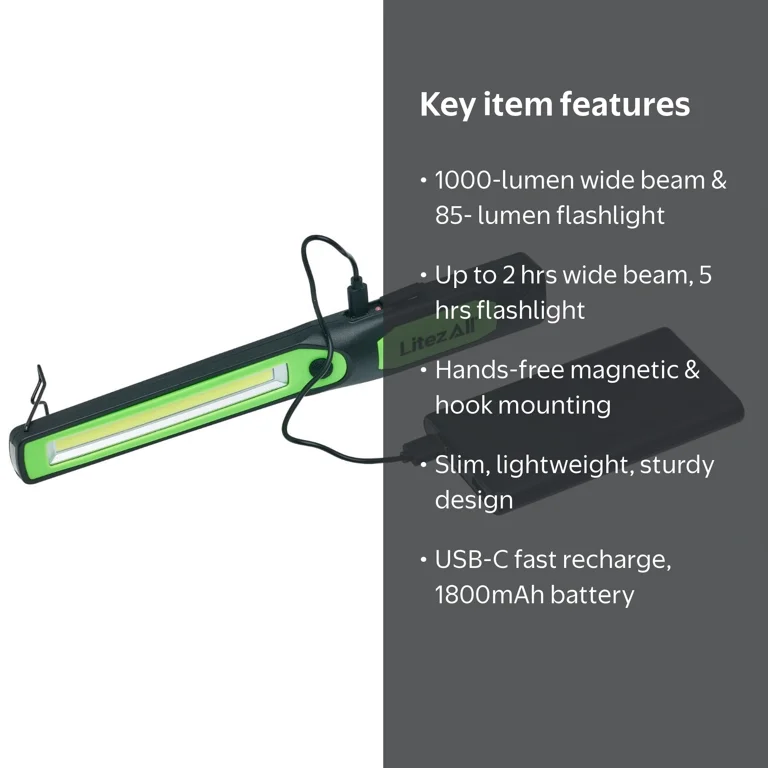 LitezAll 1000-Lumen Rechargeable LED Wand Work Light in Black