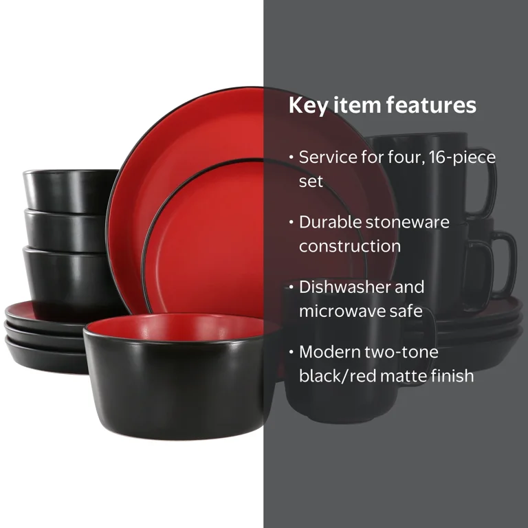 Elama 16 Piece Stoneware Dinnerware Set in Two Tone Black & Red
