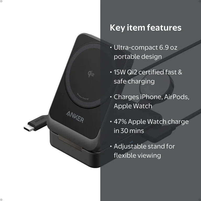 Anker MagGo Qi2 3-in-1 Foldable Charging Station, 15W Wireless