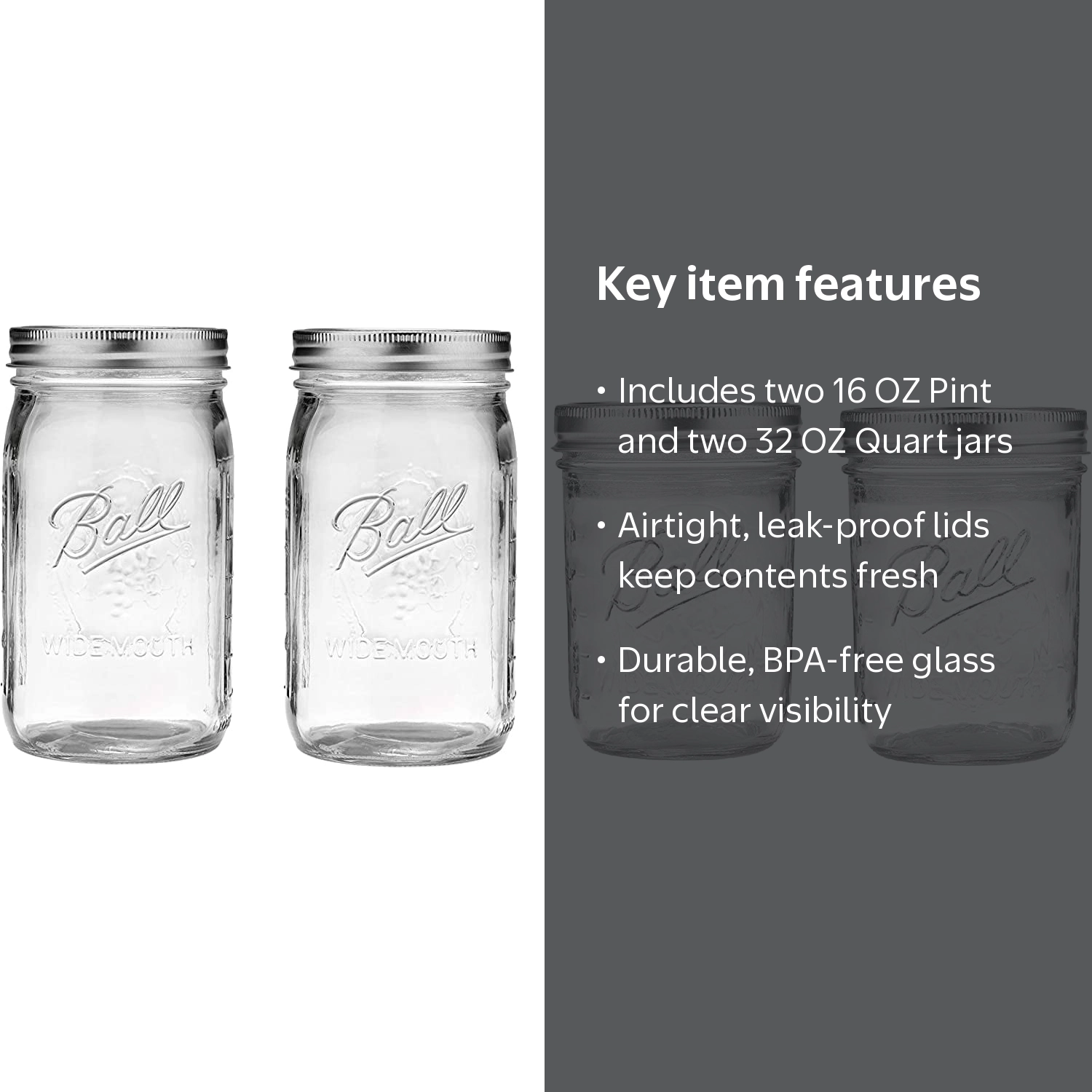 Ball, Mason Jar, Wide Mouth, Variety Pack, 2 Pint and 2 Quart