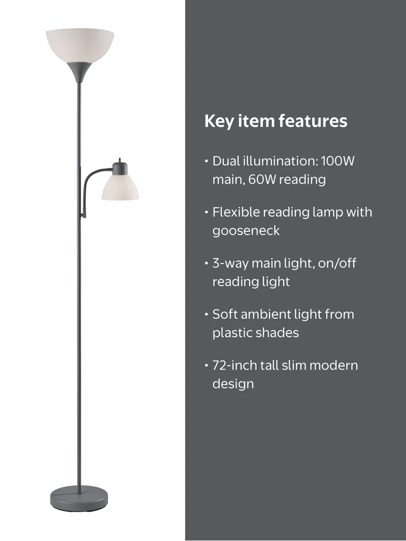 Mainstays 72 inch Silver Combo Floor Lamp with Reading Lamp Modern