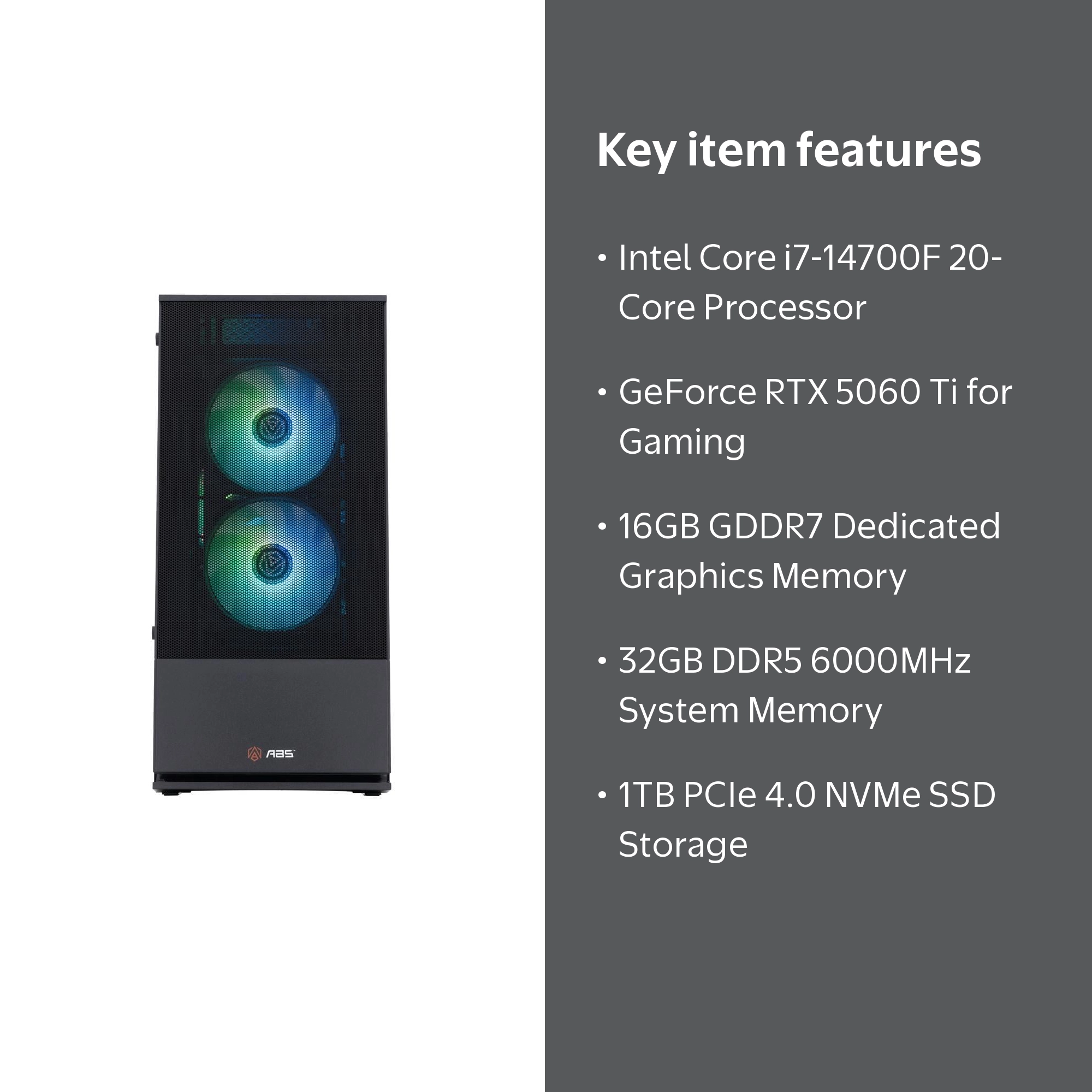 ABS Cyclone Aqua Gaming PC, Intel Core i7-14700F, GeForce RTX 5060